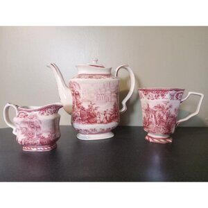 Vintage Red Transferware Tea Set – Floral – Collectible China Tableware